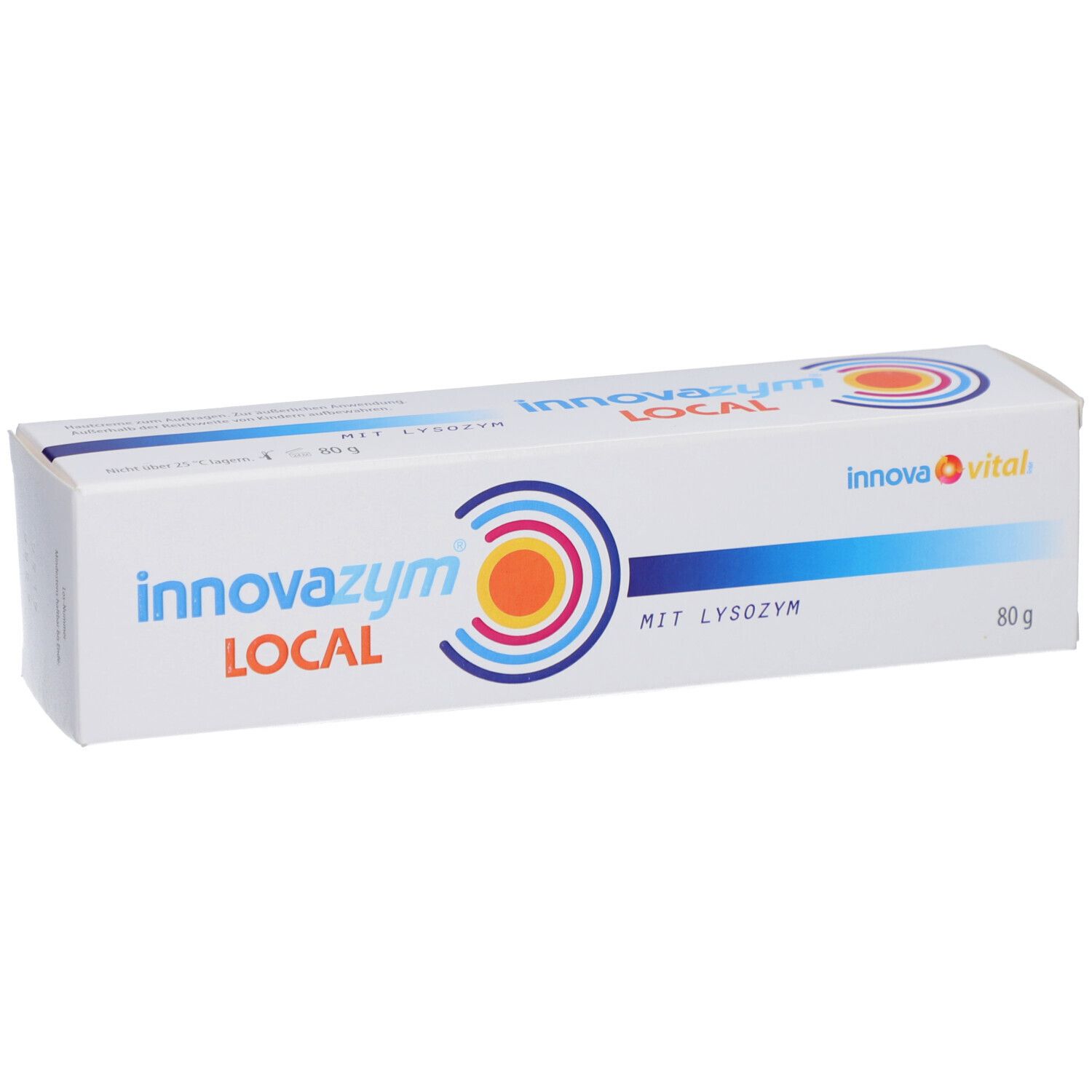 Weiße Verpackung mit Produktnamen und Logo. Text 'MIT LYSOZYM' und '80 g' sichtbar.