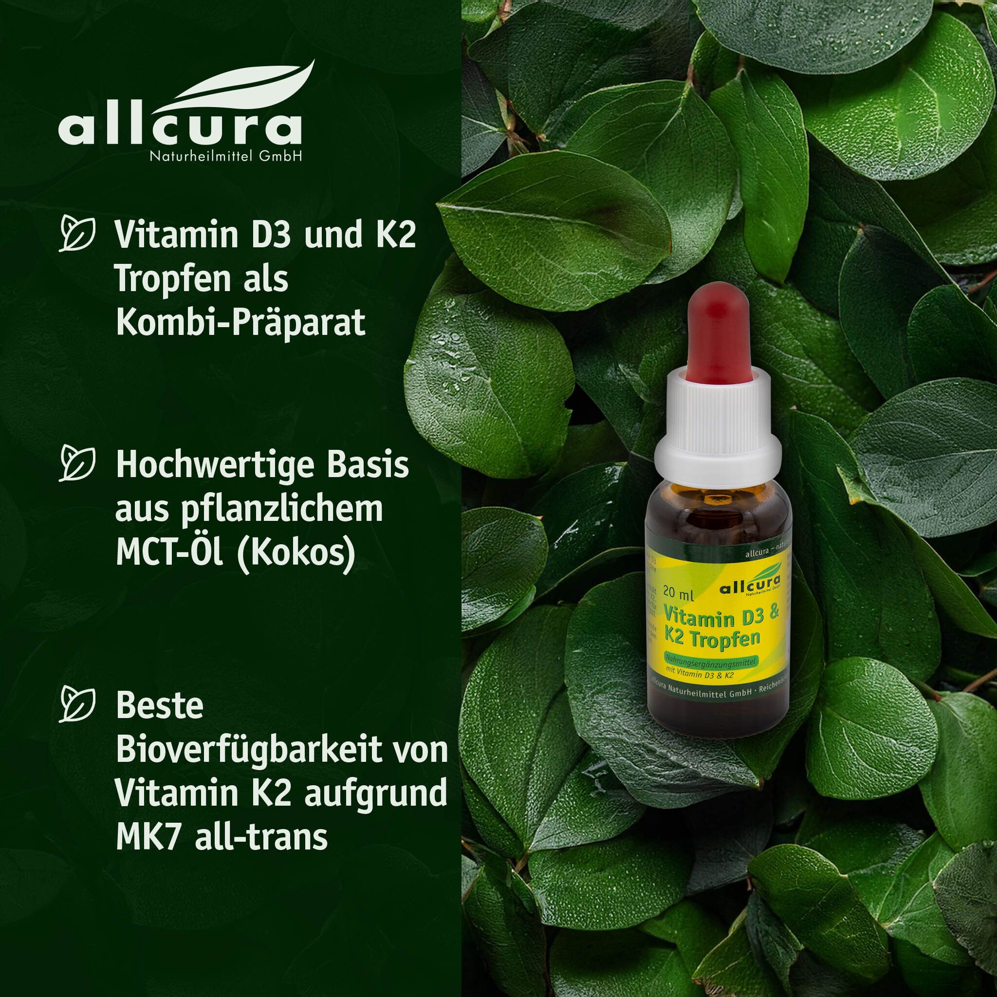 Produktflasche vor grünem Hintergrund. Text: Vitamin D3 und K2 Tropfen als Kombi-Präparat.