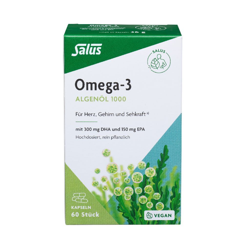 Salus Omega-3 Algenöl 1000. Weiße Schachtel mit grünen Akzenten. 60 Kapseln. Vegan.
