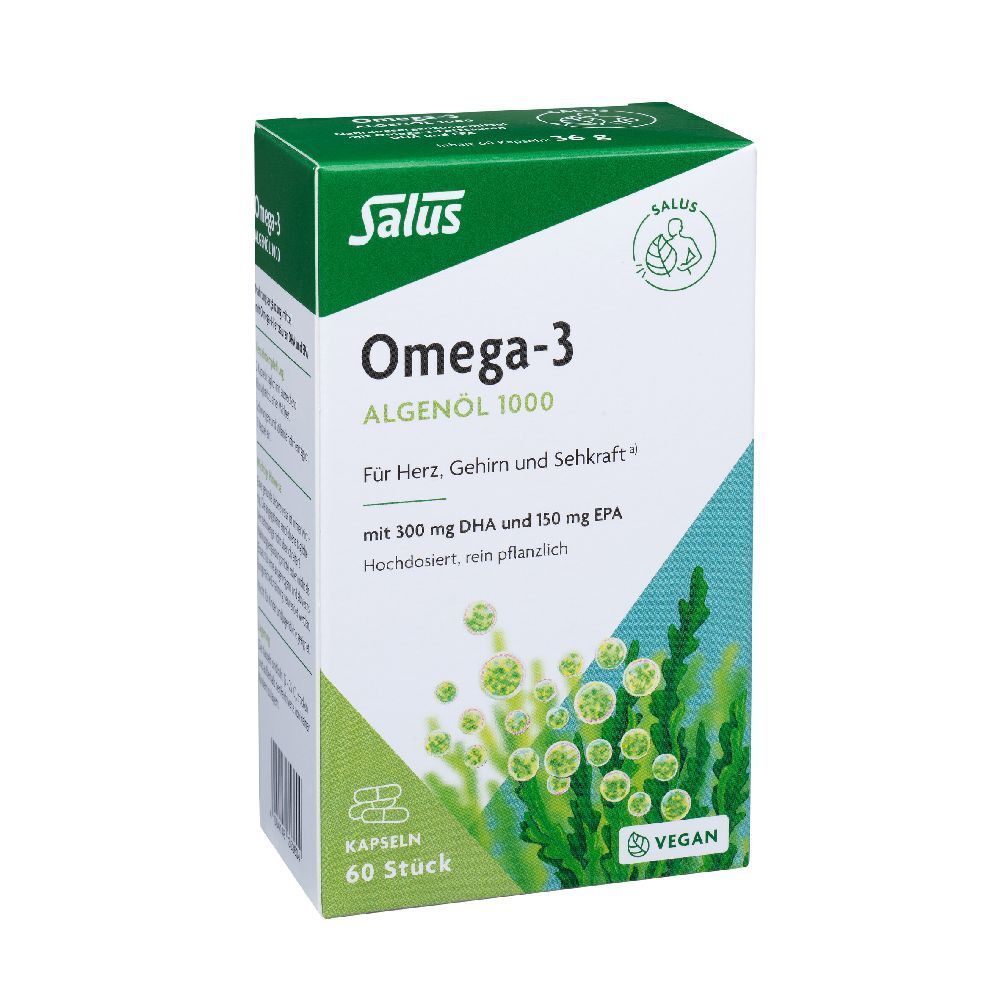 Salus Omega-3 Algenöl 1000. Weiße Schachtel mit grünen Akzenten. 60 Kapseln. Vegan.