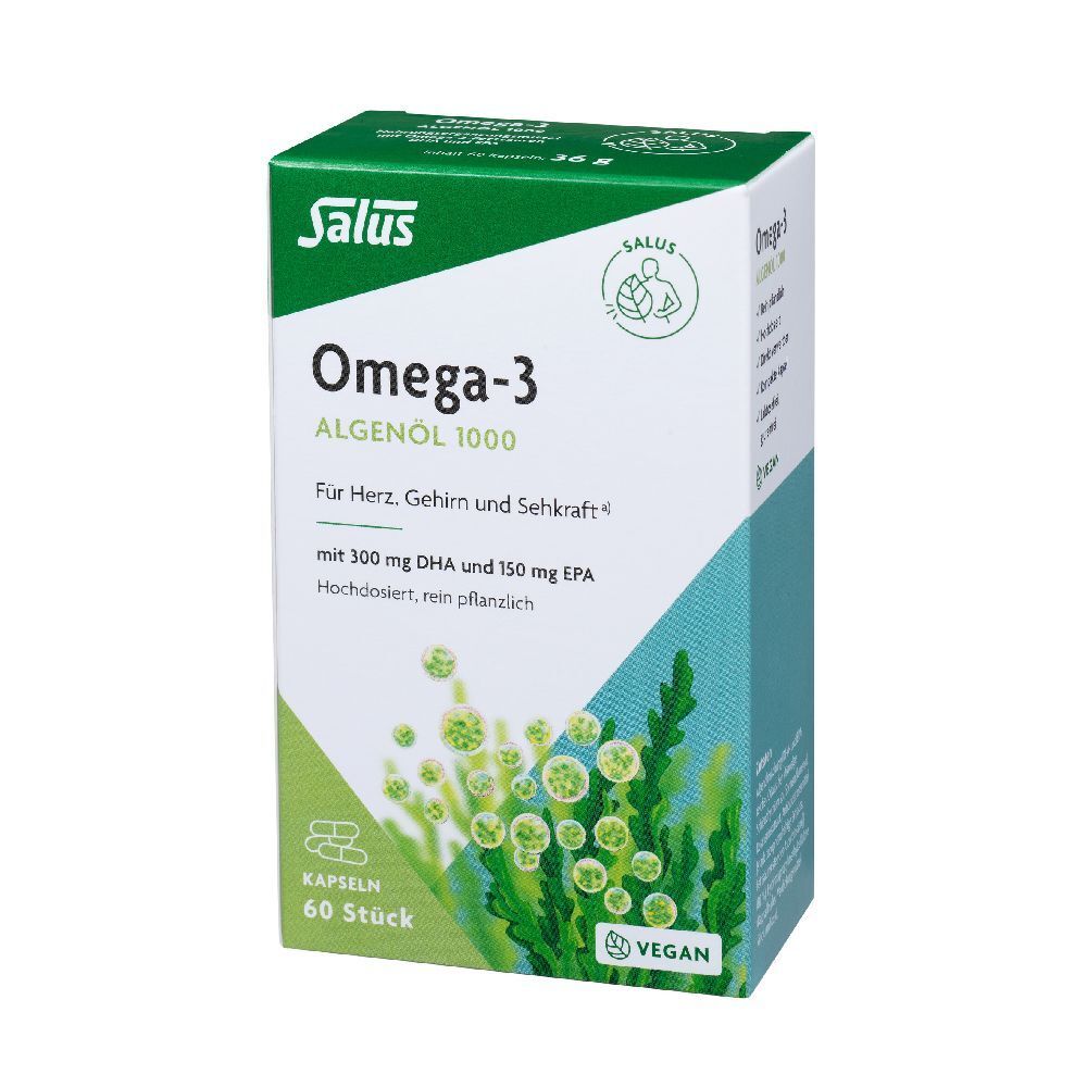 Salus Omega-3 Algenöl 1000. Weiße Schachtel mit grünen Akzenten. 60 Kapseln. Vegan.