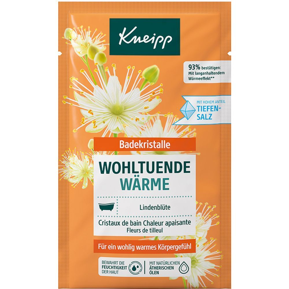 Beutel mit Badekristallen. Aufdruck: Kneipp, Badekristalle, wohltuende Wärme, Lindenblüte. Mit hohem Anteil Tiefensalz.