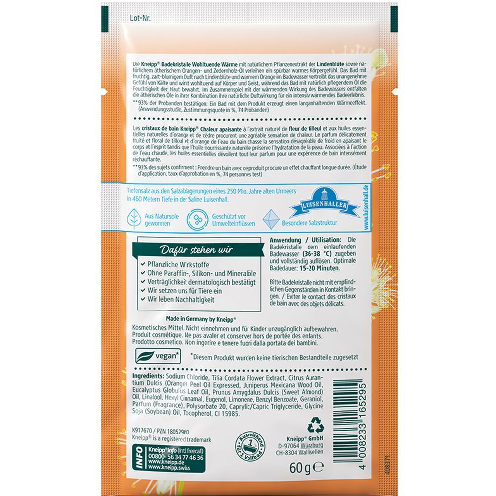 Rückseite des Badekristall-Beutels. Text: Inhaltsstoffe, Anwendung, vegan, hergestellt in Deutschland. Mit 60g Inhalt.