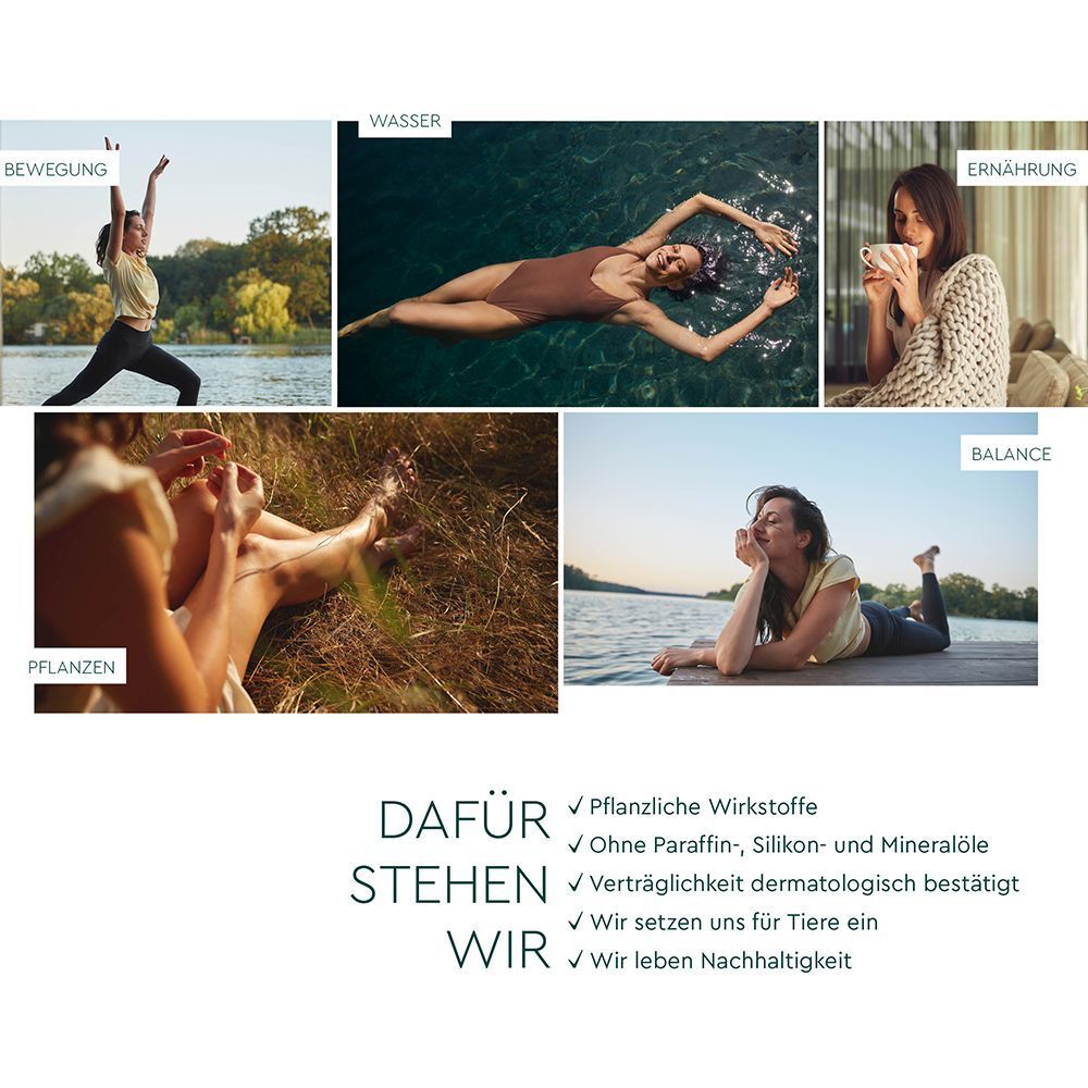 Collage mit Bildern von Menschen in verschiedenen Situationen. Text: Dafür stehen wir: pflanzliche Wirkstoffe, ohne Paraffin, Silikon und Mineralöle.