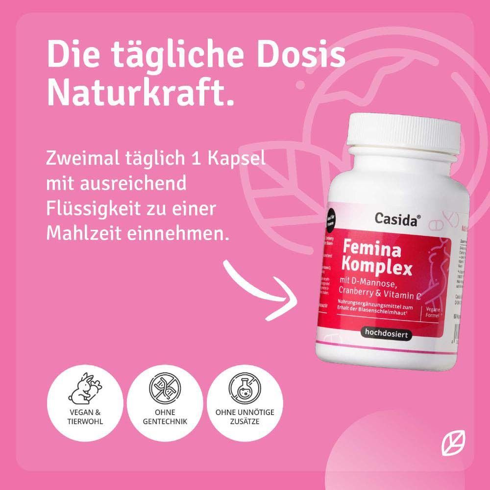 Produktflasche mit Text. Einnahme: 1 Kapsel zweimal täglich mit Flüssigkeit. Vegan, ohne Gentechnik.