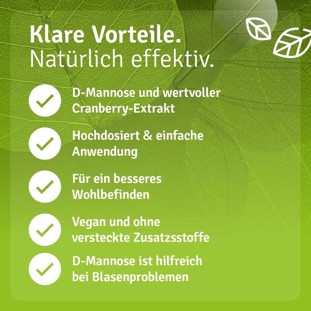 Vorteile: D-Mannose und Cranberry-Extrakt, hochdosiert, vegan, ohne Zusatzstoffe. Hilfreich bei Blasenproblemen.