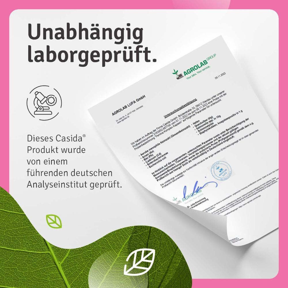 Laborgeprüftes Produkt. Zertifikat von Agrolab. Casida Femina Komplex. Geprüft von deutschem Analyseinstitut.