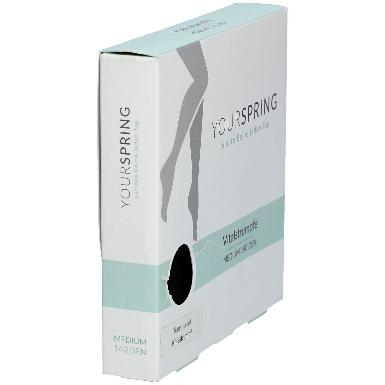 Seitenansicht der Verpackung mit Vitalstrümpfen. Marke YOURSPRING, transparente Kniestrümpfe, schwarz.