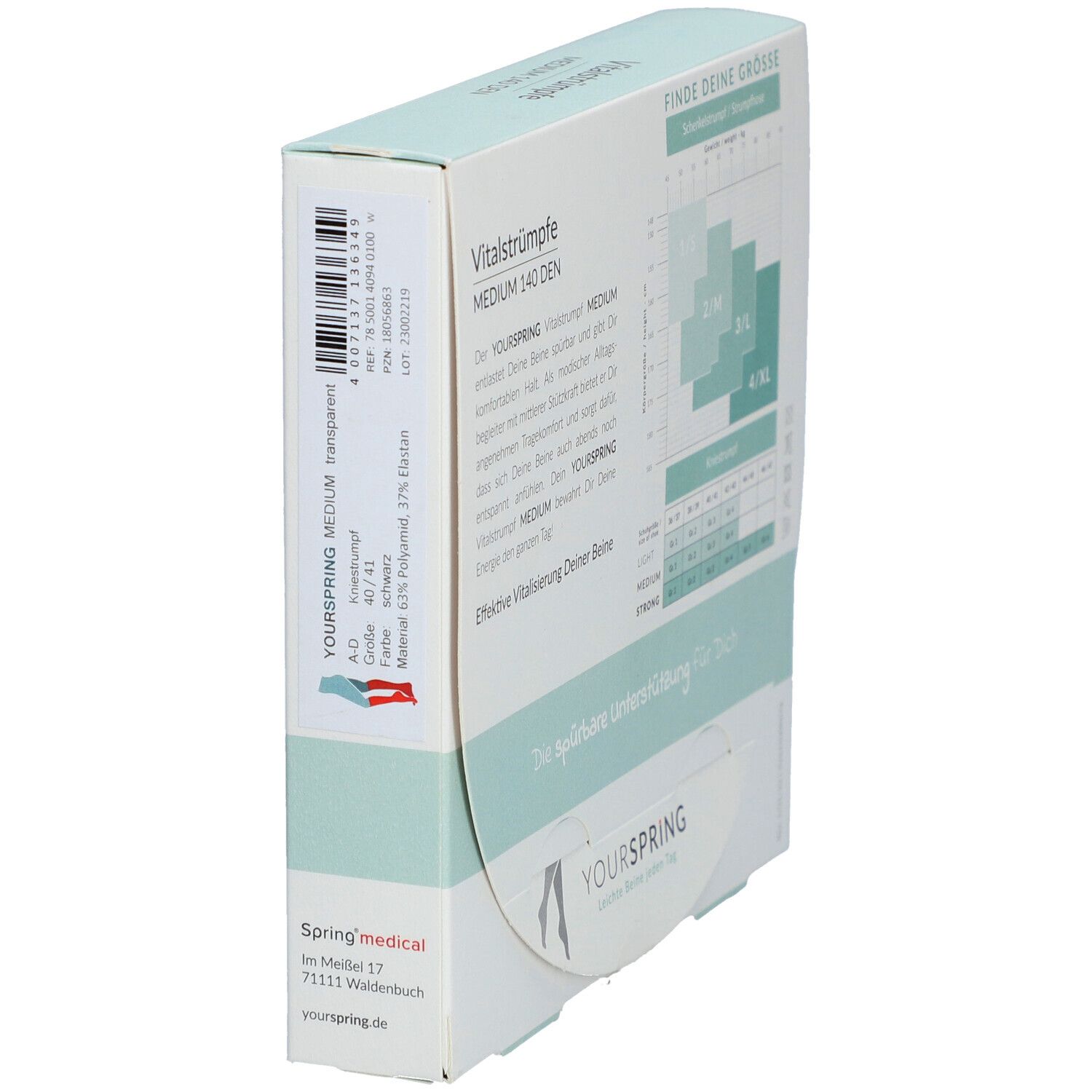 Seitenansicht der Verpackung mit Vitalstrümpfen. Marke YOURSPRING, transparente Kniestrümpfe, schwarz.