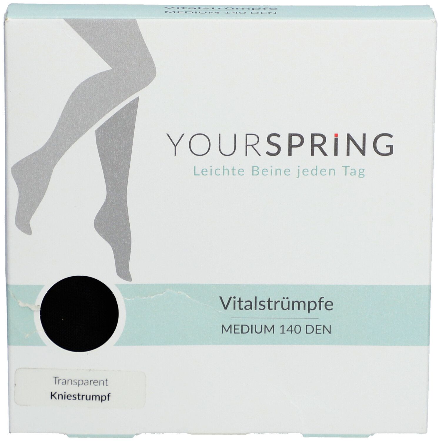 Verpackung mit Vitalstrümpfen. Marke YOURSPRING, transparente Kniestrümpfe, schwarz, MEDIUM 140 DEN.