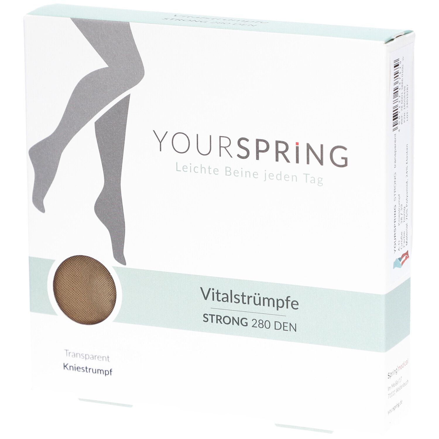 Verpackung mit Vitalstrümpfen STRONG 280 DEN. Marke YOURSPRING. Transparentes Kniestrümpfe.