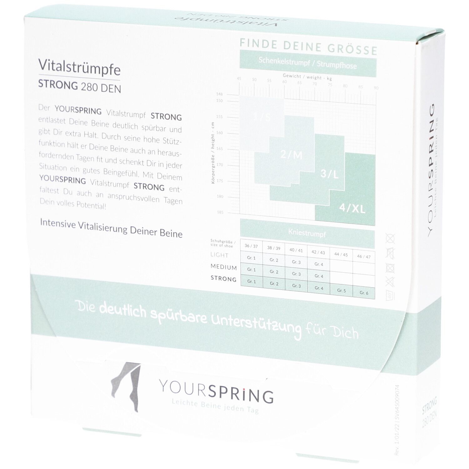 Verpackung mit Vitalstrümpfen STRONG 280 DEN. Marke YOURSPRING. Rückseite mit Größentabelle.