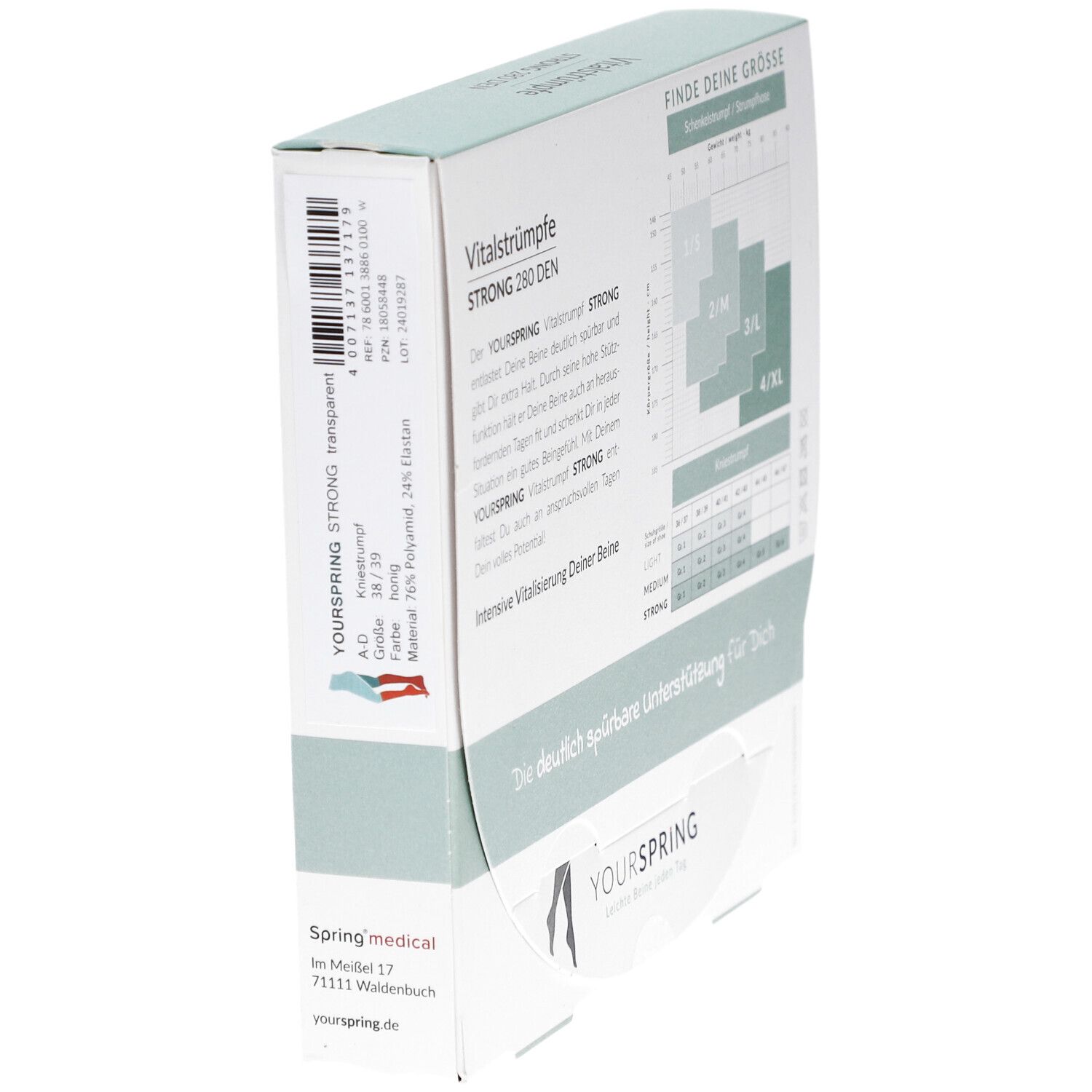 Verpackung mit Vitalstrümpfen STRONG 280 DEN. Marke YOURSPRING. Rückseite mit Größentabelle.