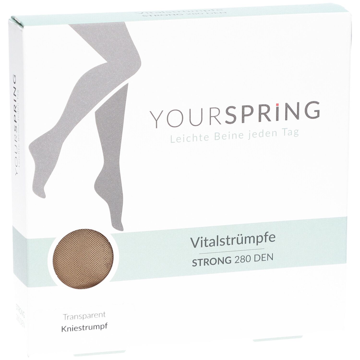 Verpackung mit Vitalstrümpfen STRONG 280 DEN. Marke YOURSPRING. Transparentes Kniestrümpfe.