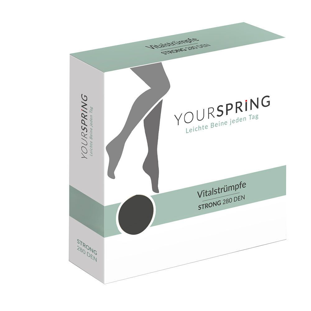 Verpackung mit Vitalstrümpfen. Marke YOURSPRING. Text: Leichte Beine jeden Tag. Produkt: Vitalstrümpfe STRONG 280 DEN. Farbe: Schwarz.