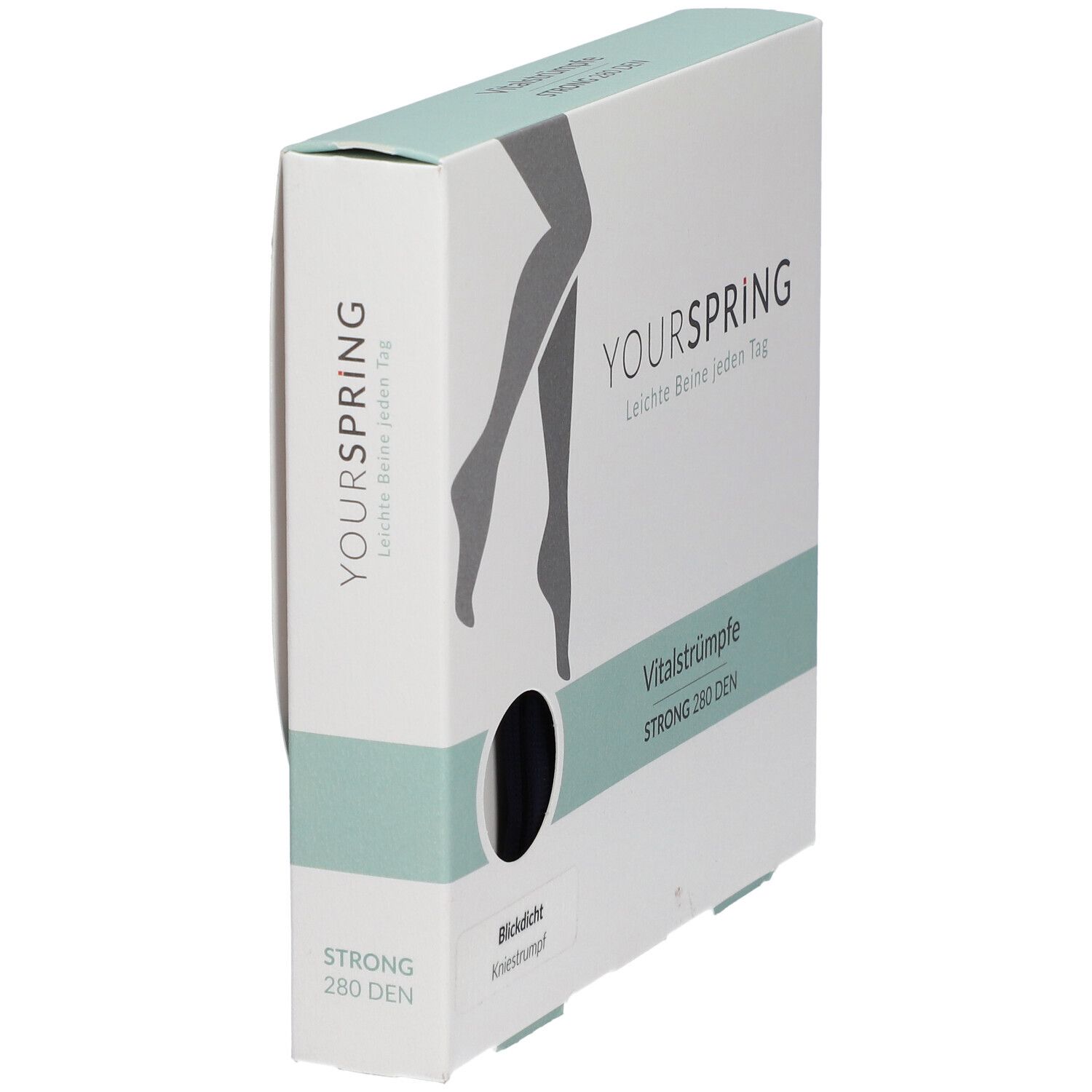 Verpackung YOURSPRING Vitalstrümpfe. Kniestrümpfe, STRONG 280 DEN. Illustration von Beinen. Seitenansicht.