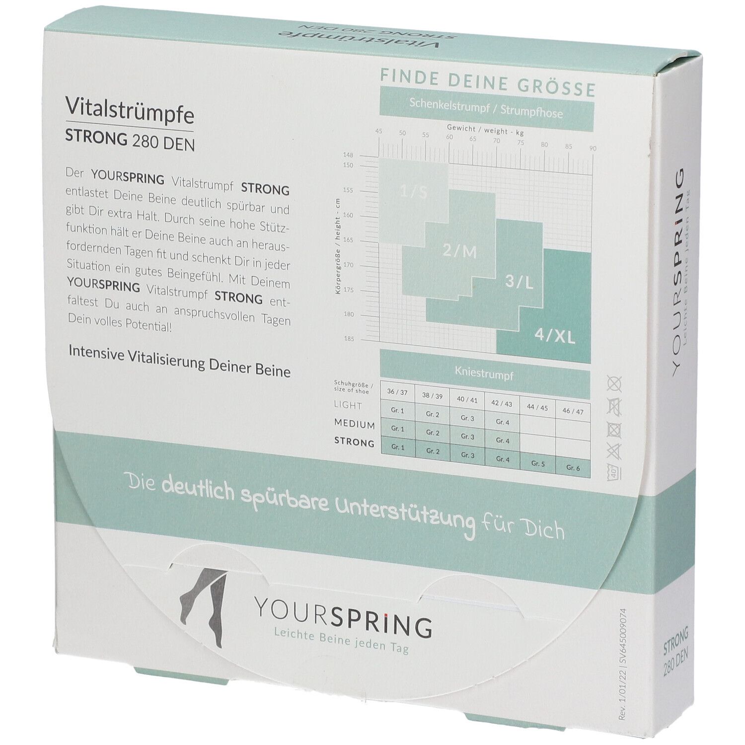 Verpackung YOURSPRING Vitalstrümpfe. STRONG 280 DEN. Größentabelle. Text auf Deutsch. Illustration von Beinen.