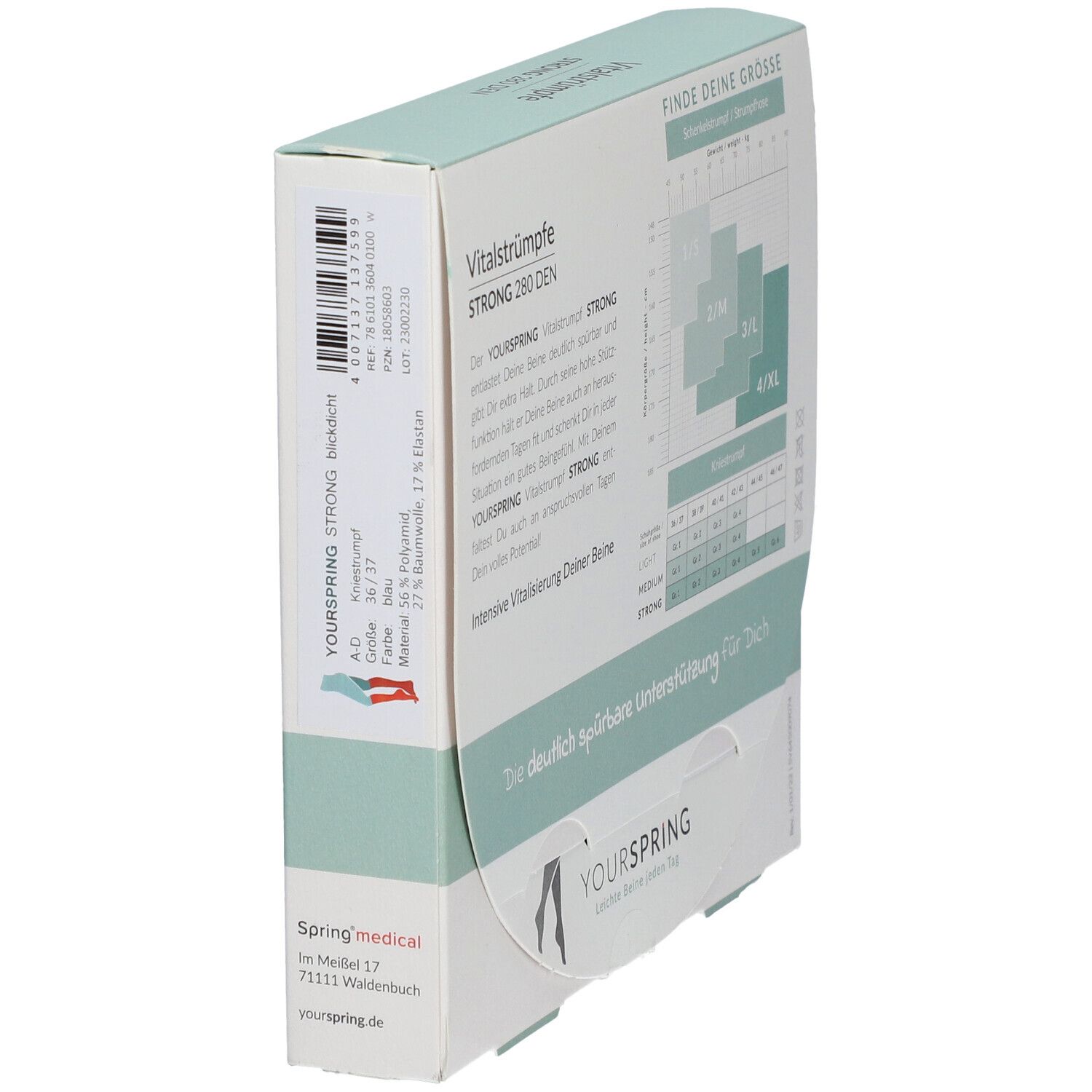 Verpackung YOURSPRING Vitalstrümpfe. STRONG 280 DEN. Größentabelle. Text auf Deutsch. Seitenansicht.