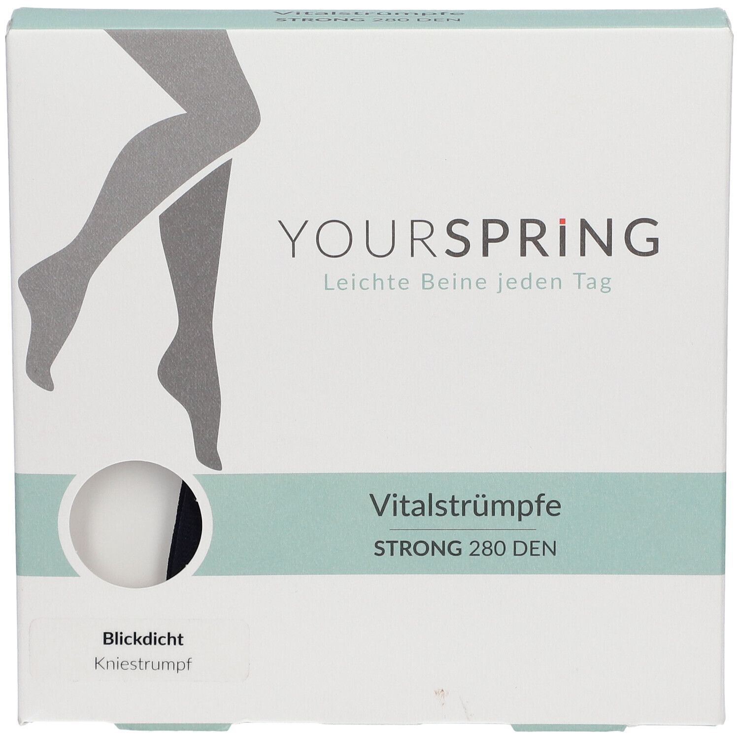 Verpackung mit Vitalstrümpfen. Marke YOURSPRING. Blickdicht, Kniestrümpfe, STRONG 280 DEN. Illustration von Beinen.