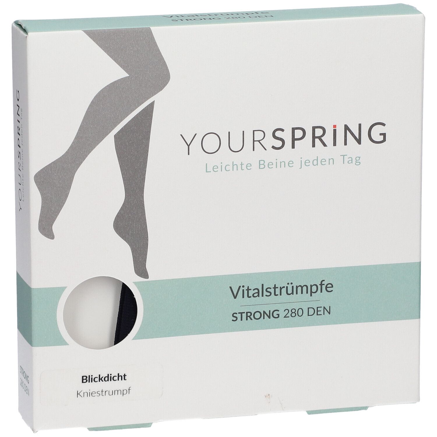 Verpackung mit Vitalstrümpfen. Marke YOURSPRING. Blickdicht, Kniestrümpfe, STRONG 280 DEN. Illustration von Beinen.