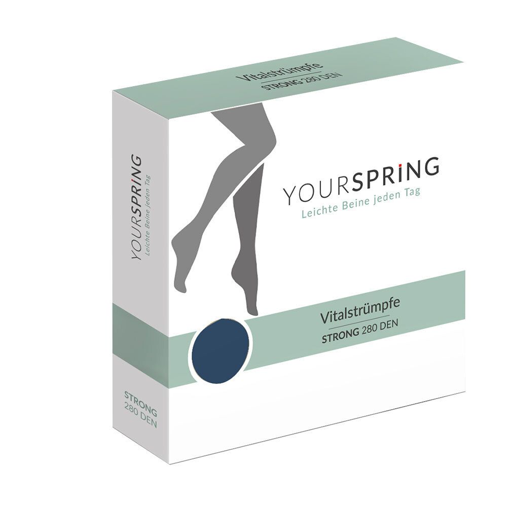 Verpackung mit Vitalstrümpfen. Marke YOURSPRING, Schriftzug und Bein-Illustration. Produktbezeichnung: Vitalstrümpfe STRONG 280 DEN.