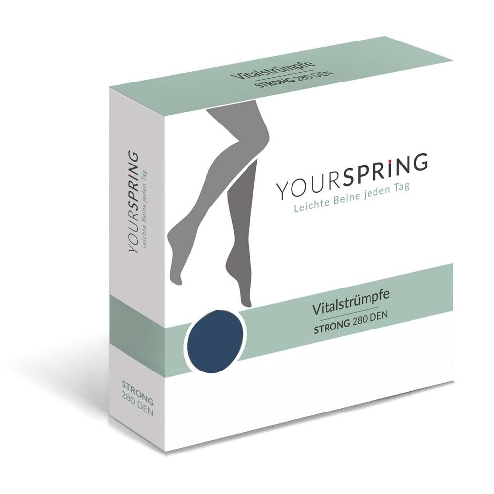 YOURSPRING Vitalstrümpfe, blau, blickdicht, 280 DEN. Verpackung mit Produktabbildung und Markenlogo.
