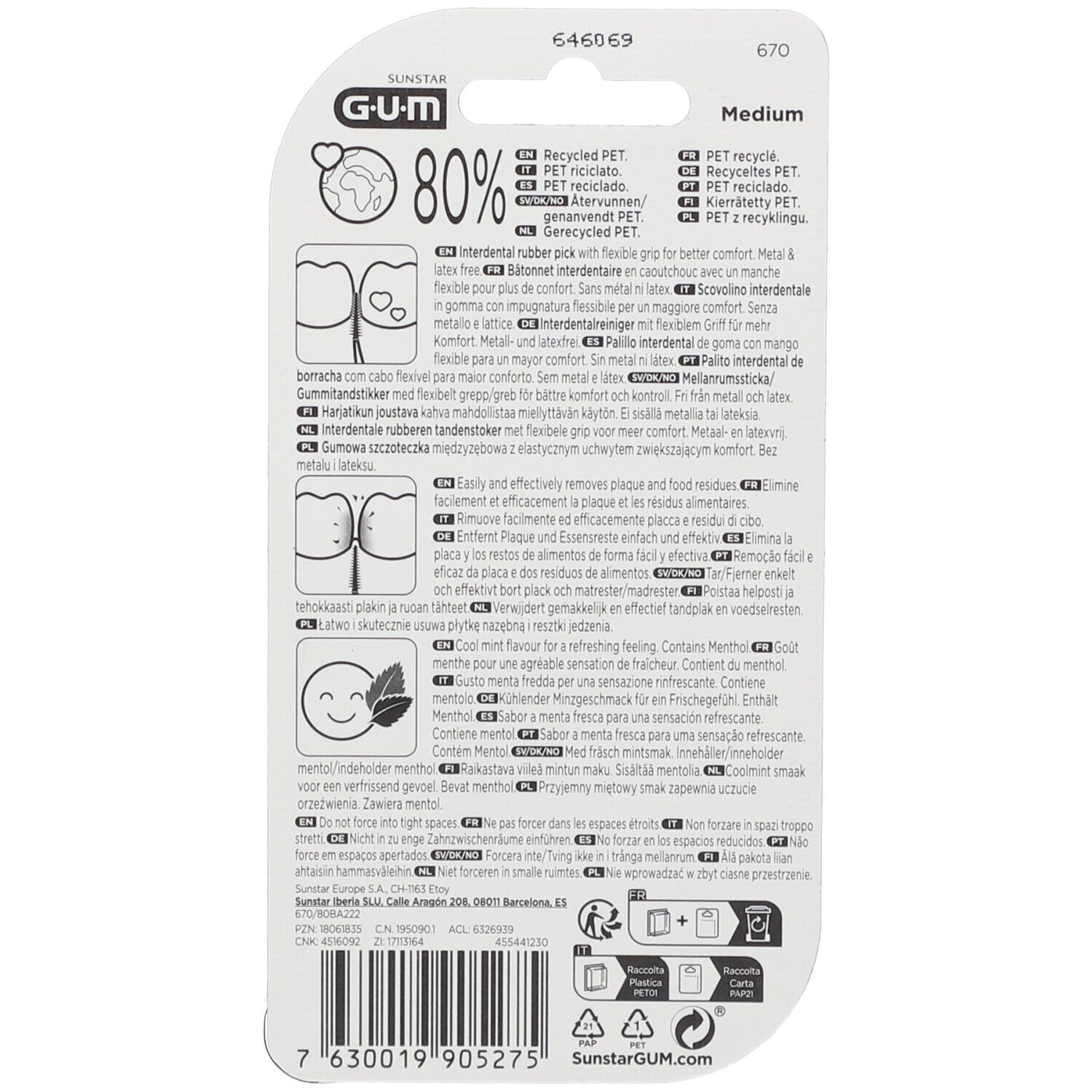 Rückseite der Verpackung mit Produktinformationen. Text in mehreren Sprachen, Logo, Recycling-Informationen und Strichcode.