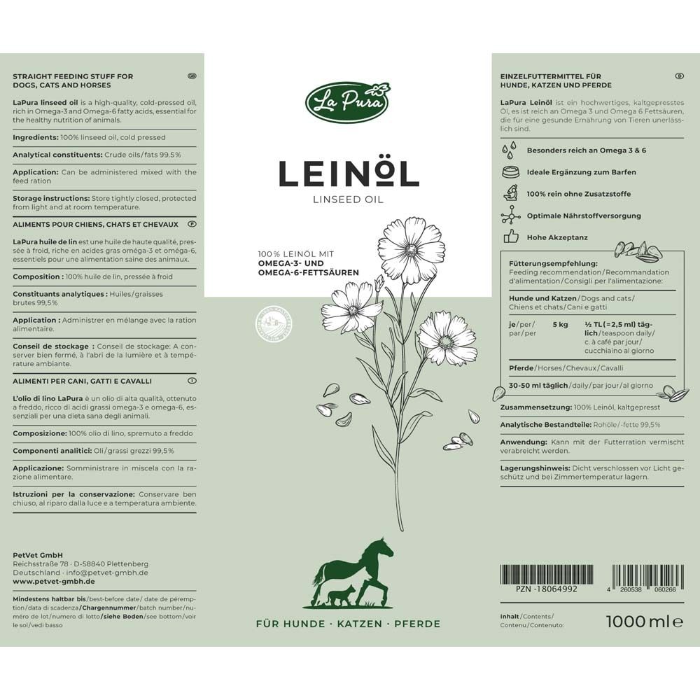 Etikett mit Text und Illustrationen. Leinöl, 1000 ml. Informationen zu Inhaltsstoffen und Fütterungsempfehlung.