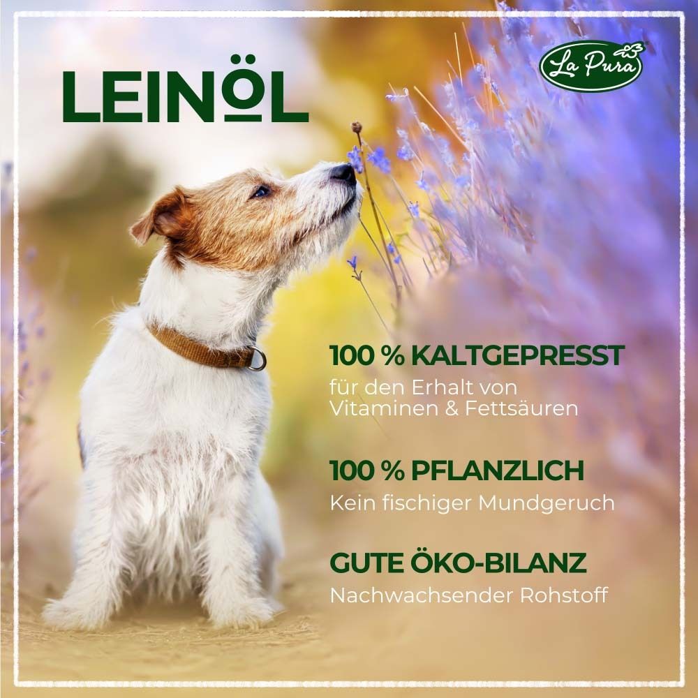 Hund schnuppert an einer Blume. Text: 100% kaltgepresst, 100% pflanzlich, gute Öko-Bilanz. La Pura Logo.