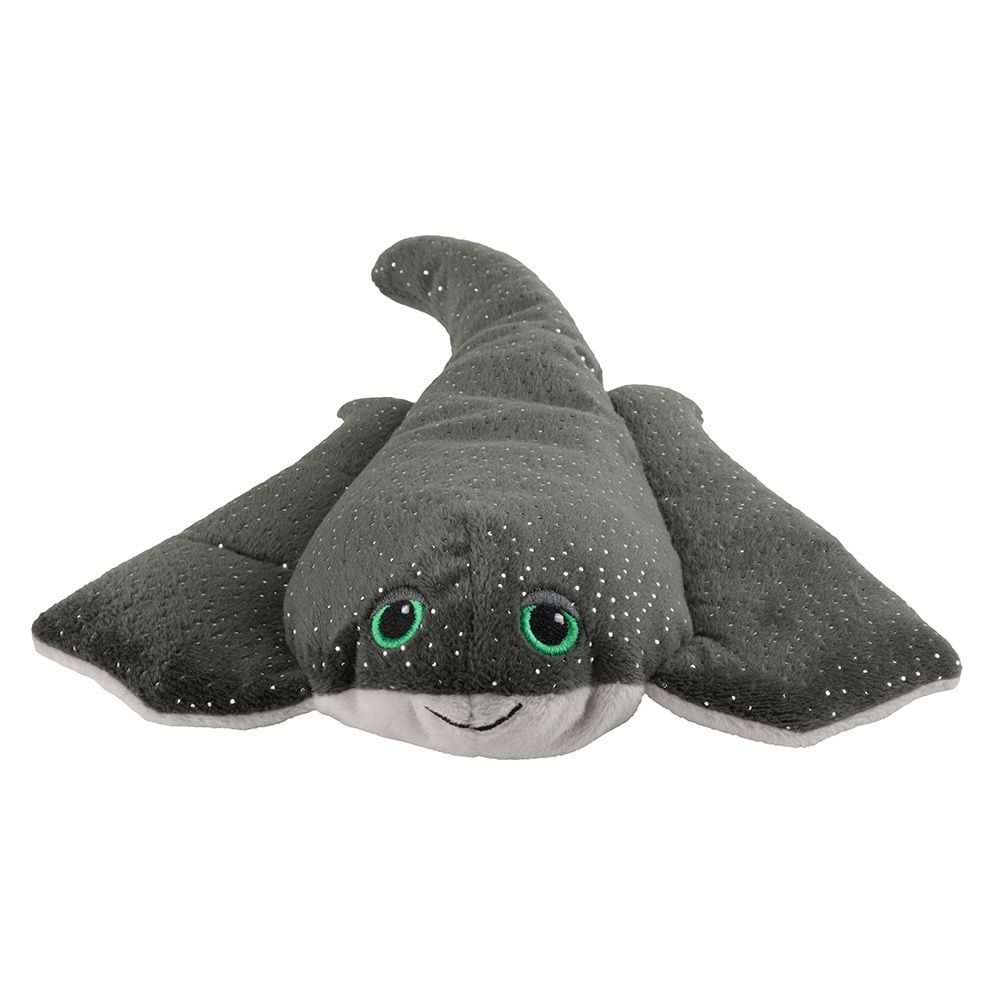 Graue Stoffrochen mit weißen Punkten, grünen Augen und lächelndem Mund. Flache, liegende Ansicht.