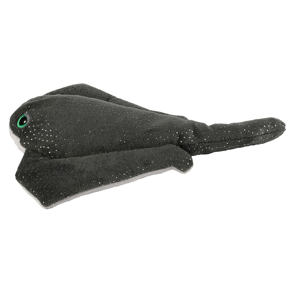 Graue Stoffrochen mit weißen Punkten und grünen Augen. Seitenansicht.