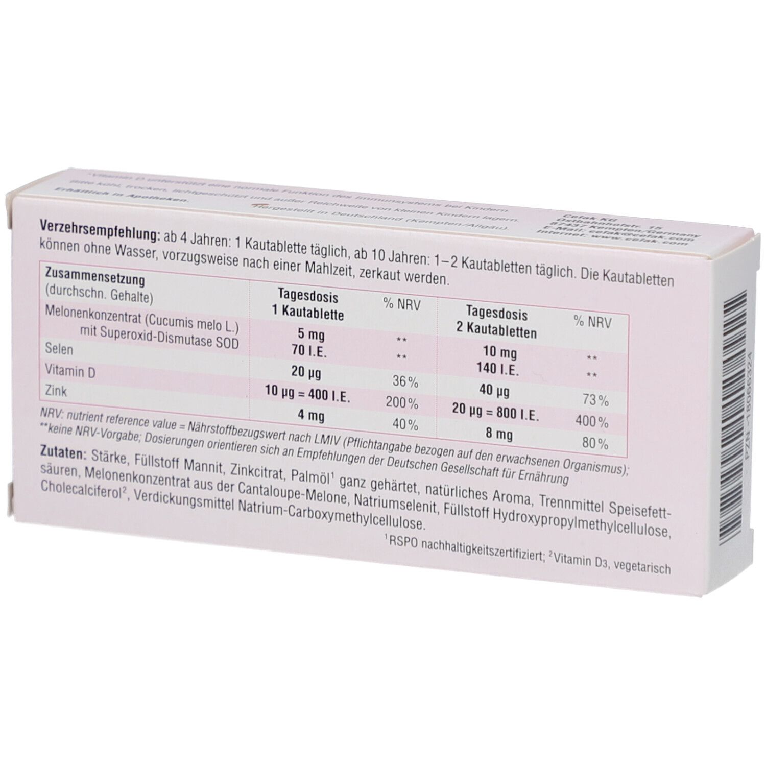 Rückseite der Cefaimmun KIDS-Packung. Informationen zu Inhaltsstoffen, Nährwerten und Verzehrempfehlung für Kinder ab 4 Jahren.
