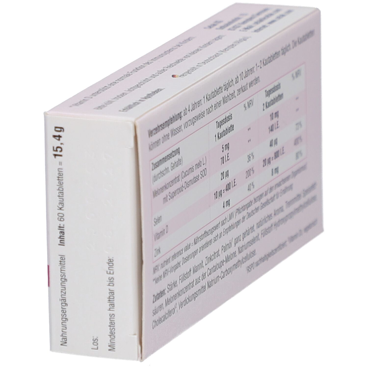 Rückseite der Cefaimmun KIDS-Packung, schräg. Informationen zu Inhaltsstoffen, Nährwerten und Verzehrempfehlung für Kinder ab 4 Jahren.