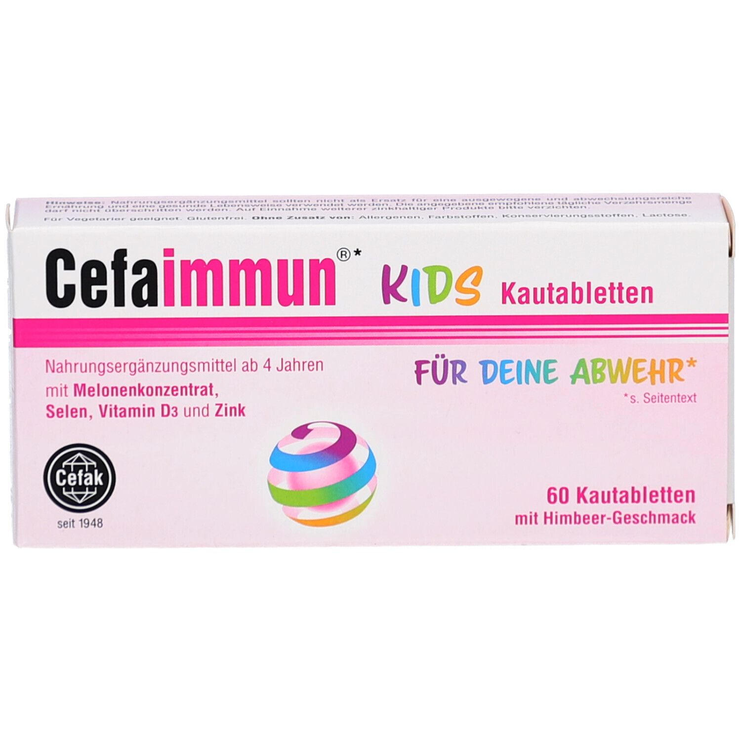 Cefaimmun KIDS-Packung. Nahrungsergänzungsmittel für Kinder ab 4 Jahren. Enthält Melonenkonzentrat, Selen, Vitamin D3 und Zink. 60 Kautabletten.