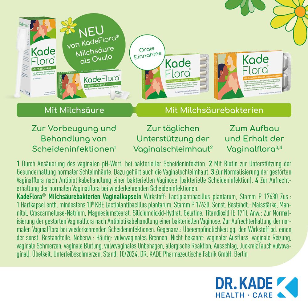 Übersicht KadeFlora Produkte: Kapseln, Vaginalkapseln, Informationen.