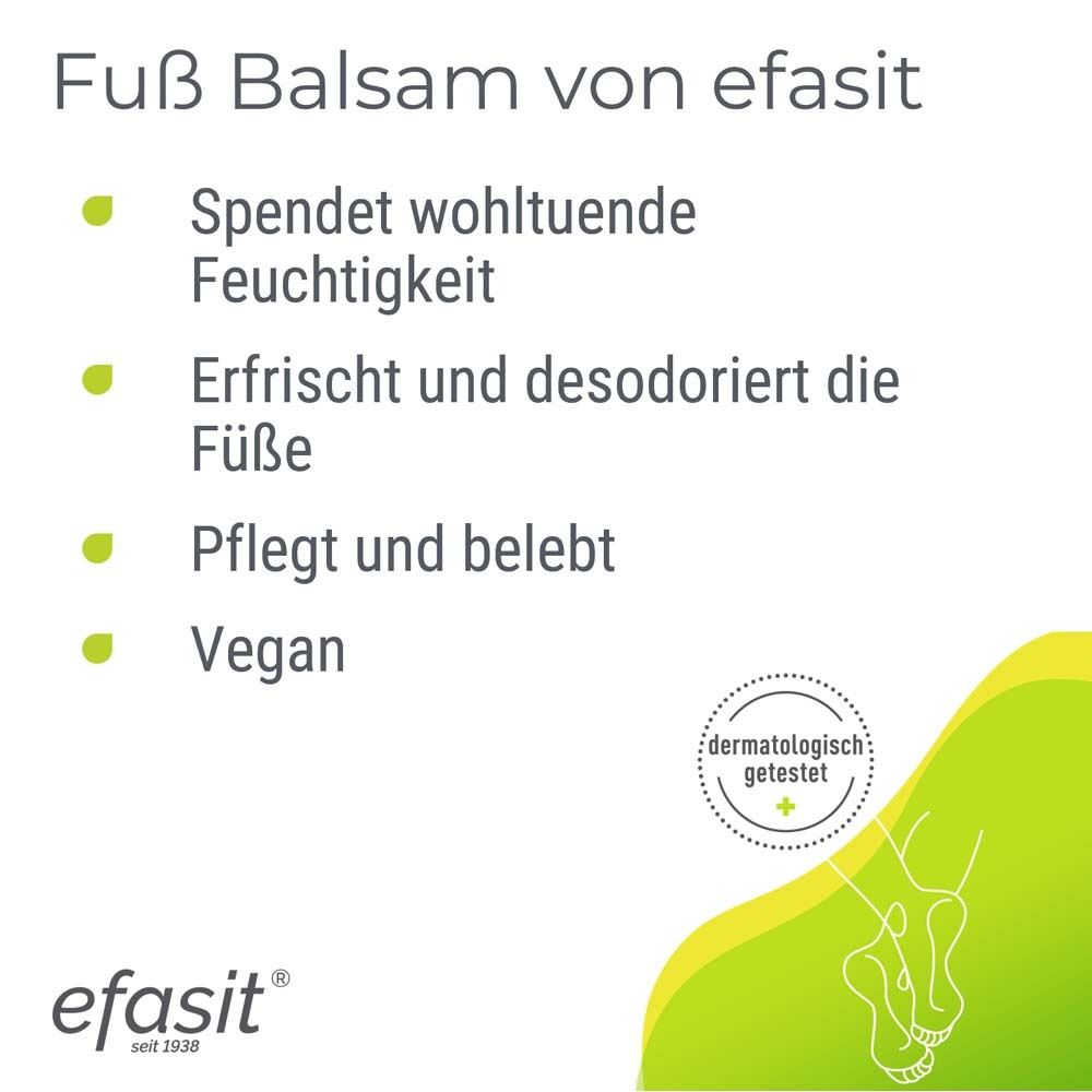 Text: Fuß Balsam von efasit. Spendet Feuchtigkeit, erfrischt, desodoriert, pflegt, belebt. Vegan. Dermatologisch getestet.