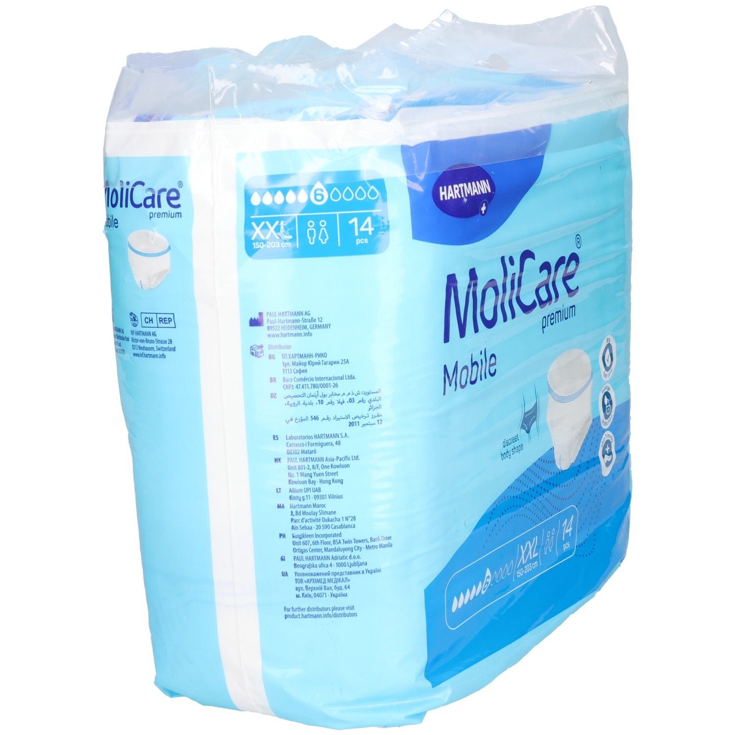 Verpackung MoliCare Mobile Premium, XXL, 14 Stück. Blaue Verpackung mit Produktinformationen und Hartmann Logo. Seitenansicht.