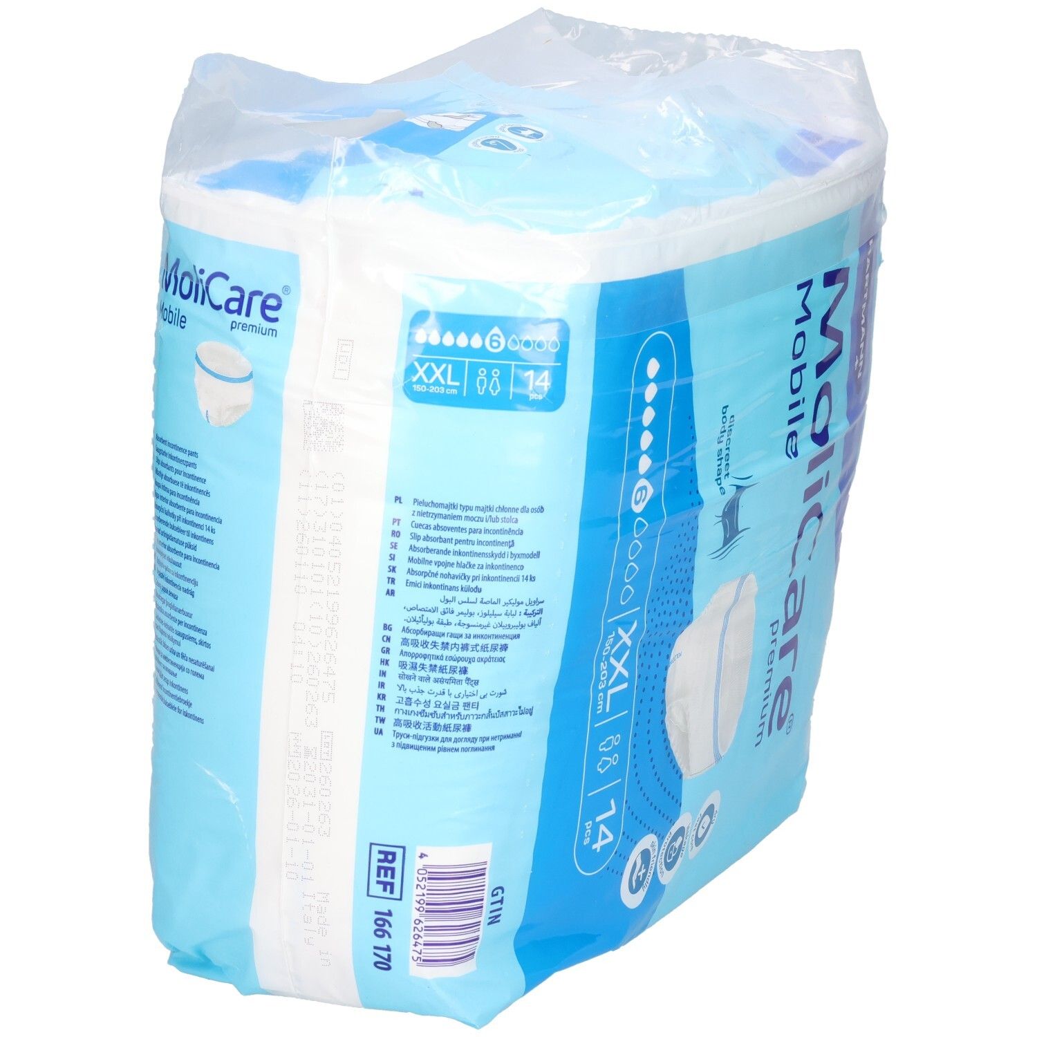 Verpackung MoliCare Mobile Premium, XXL, 14 Stück. Blaue Verpackung mit Produktinformationen und Hartmann Logo. Schräge Seitenansicht.