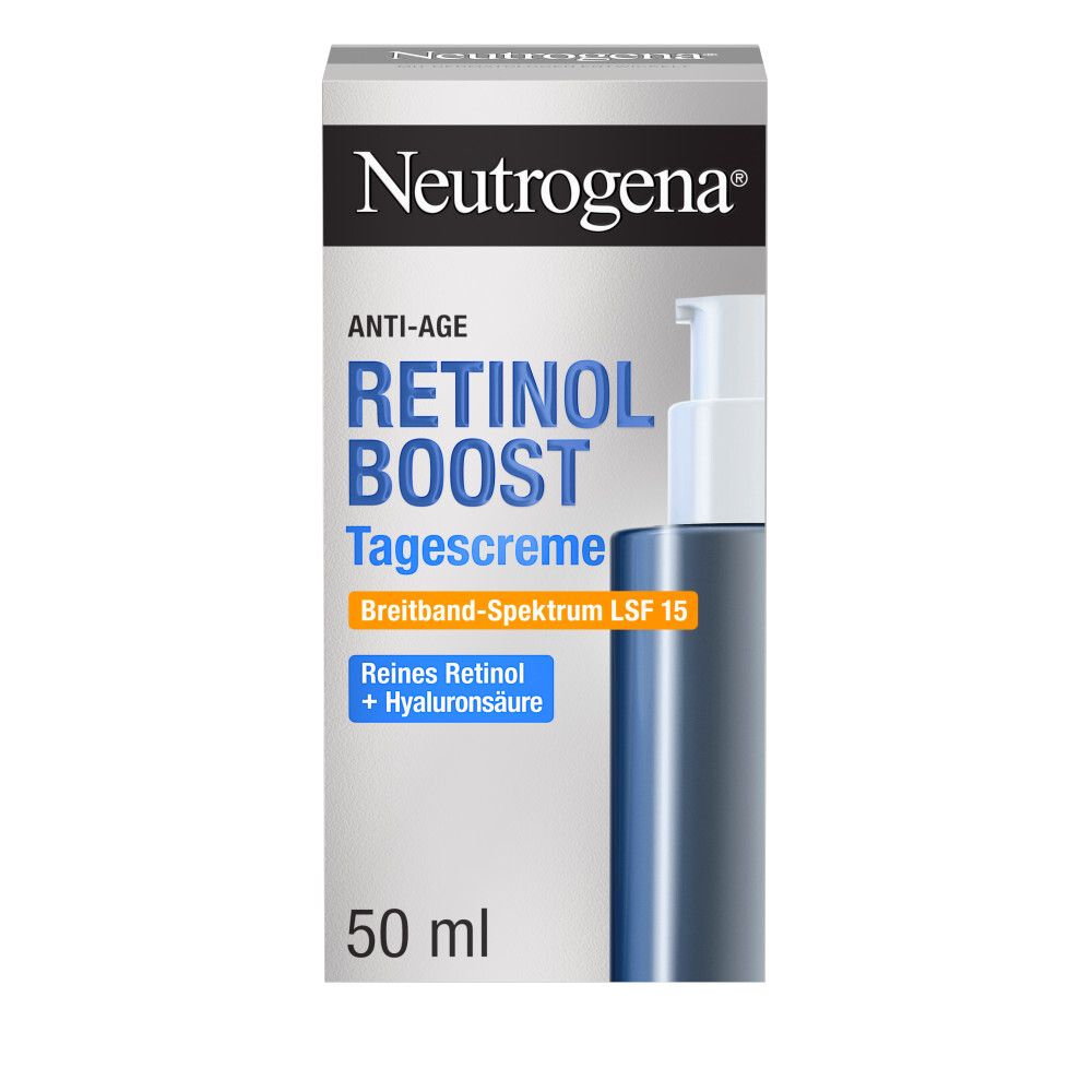 Neutrogena® Retinol Boost Tagescreme LSF 15. Faltschachtel mit Produkt und Text. 50 ml. Blau-weißes Design.