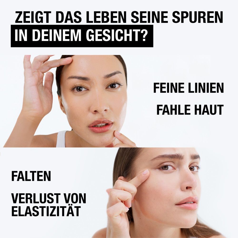 Zwei Frauen, Nahaufnahmen. Text: Feine Linien, fahle Haut, Falten, Verlust von Elastizität. Schwarzer Hintergrund.