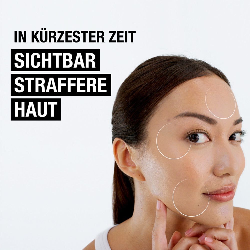 Nahaufnahme einer Frau. Text: Sichtbar straffere Haut. Kreise auf Gesicht. Weißer Hintergrund.