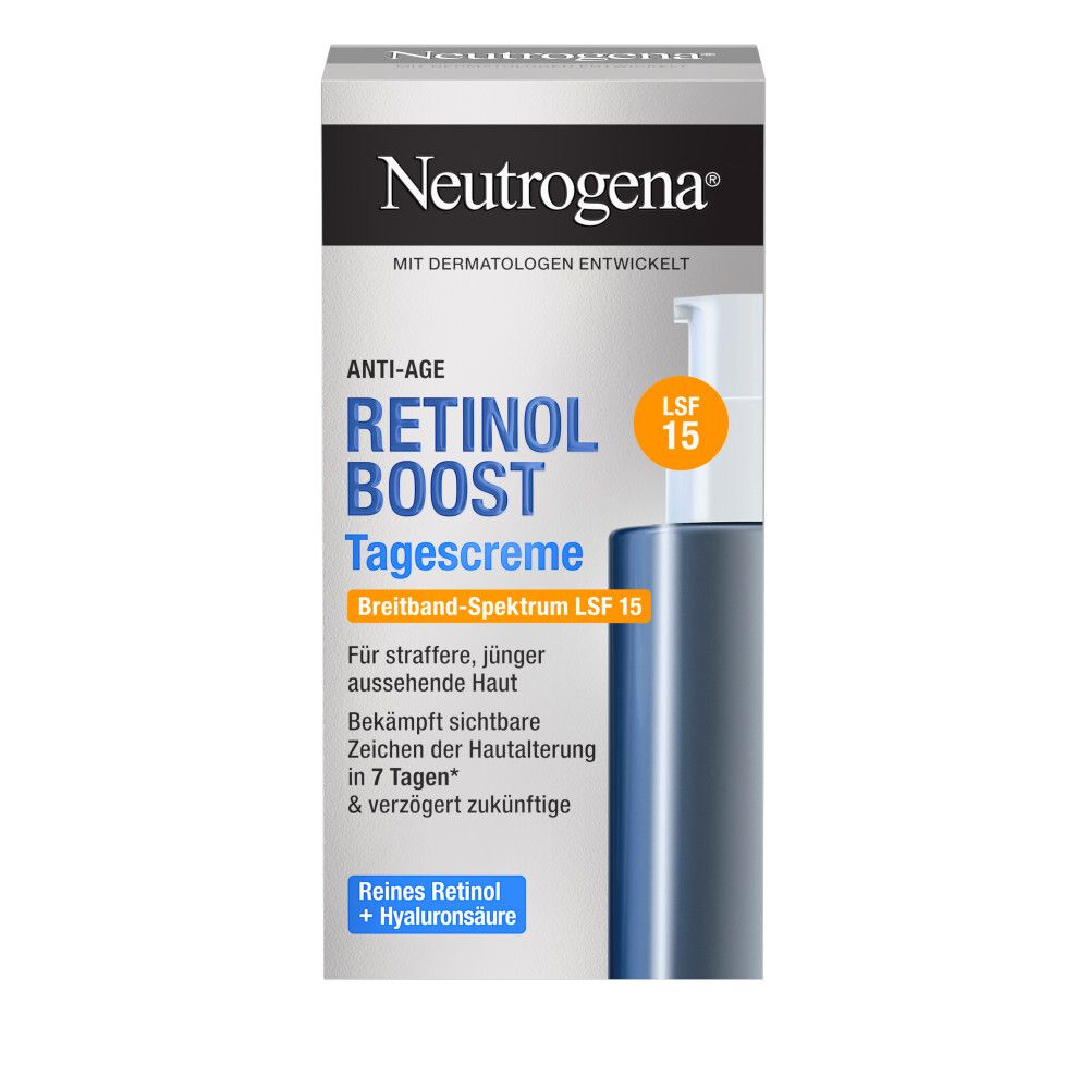 Neutrogena® Retinol Boost Tagescreme LSF 15. Faltschachtel mit Produkt und Text. Blau-weißes Design.