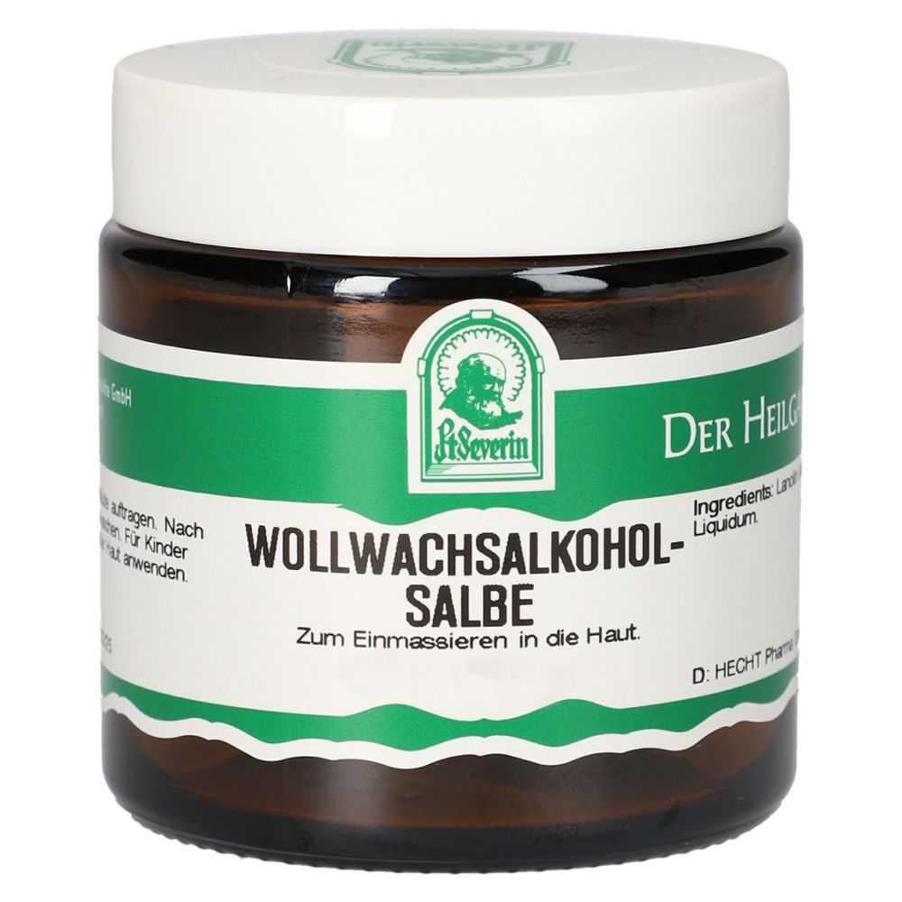 Braunes Glas mit weißem Deckel. Grün umrandetes Etikett mit Produktnamen und Logo. Text: Wollwachsalkohol Salbe.