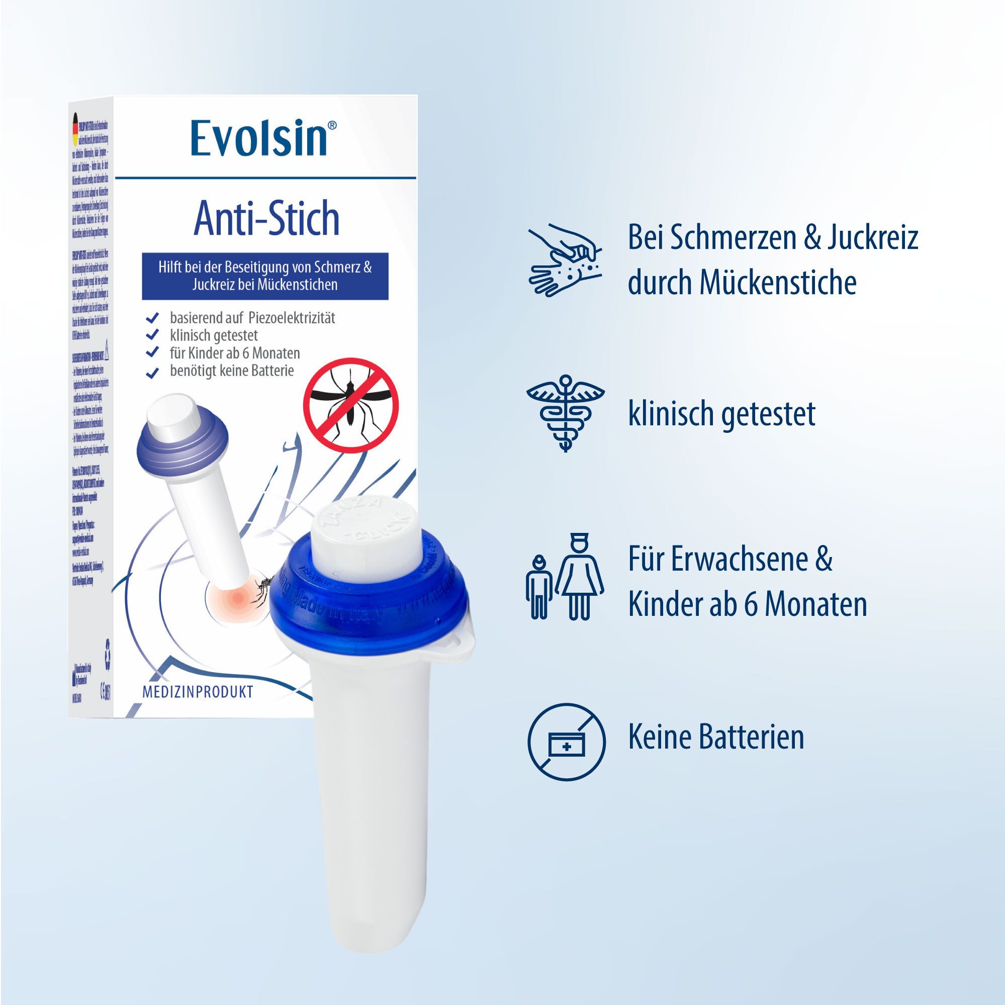 Evolsin® Anti Stich zur Behandlung von Insektenstichen OHNE Chemie & Hitze I elektrischer Insektenstichheiler lindert Juckreiz & Schwellungen