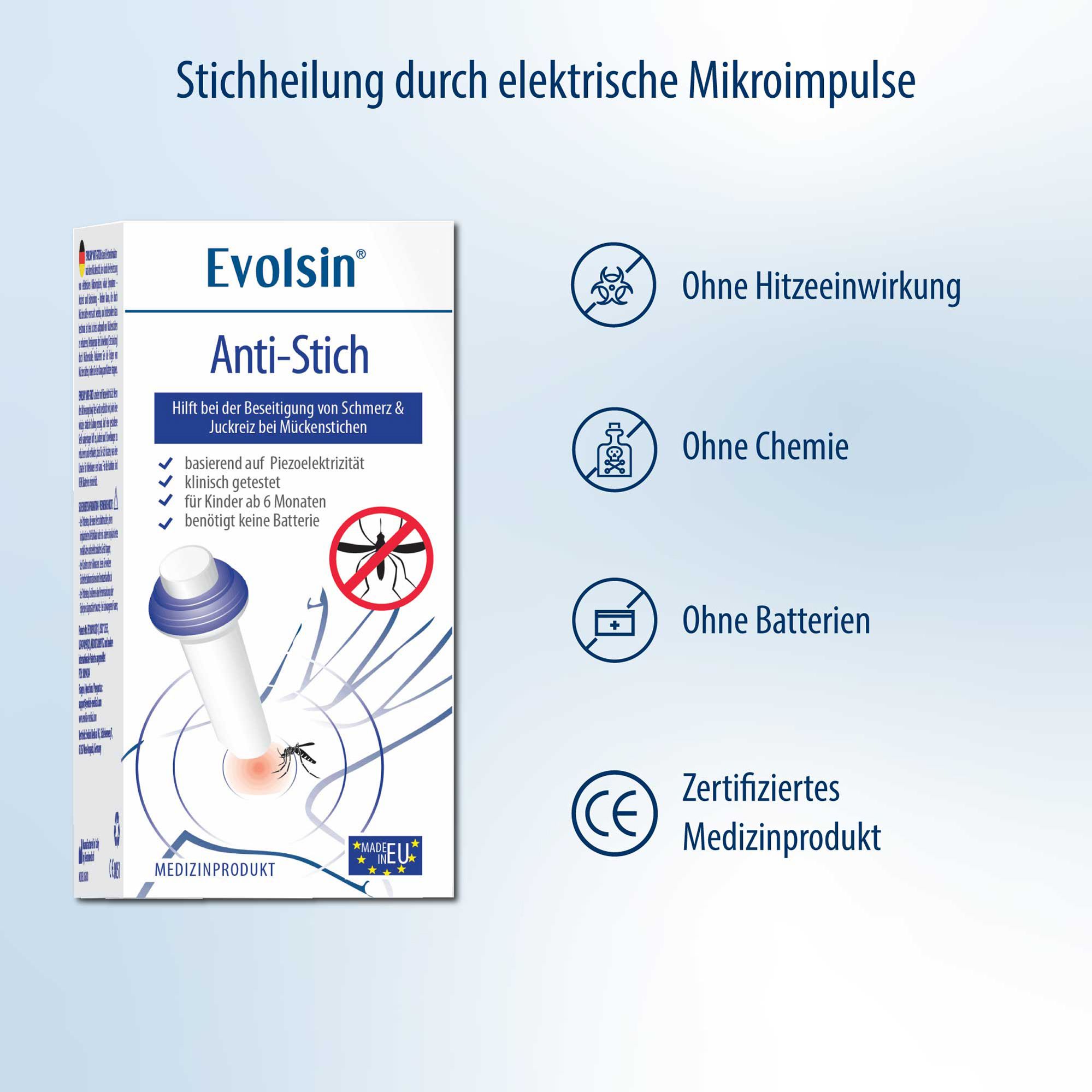 Evolsin® Anti Stich zur Behandlung von Insektenstichen OHNE Chemie & Hitze I elektrischer Insektenstichheiler lindert Juckreiz & Schwellungen