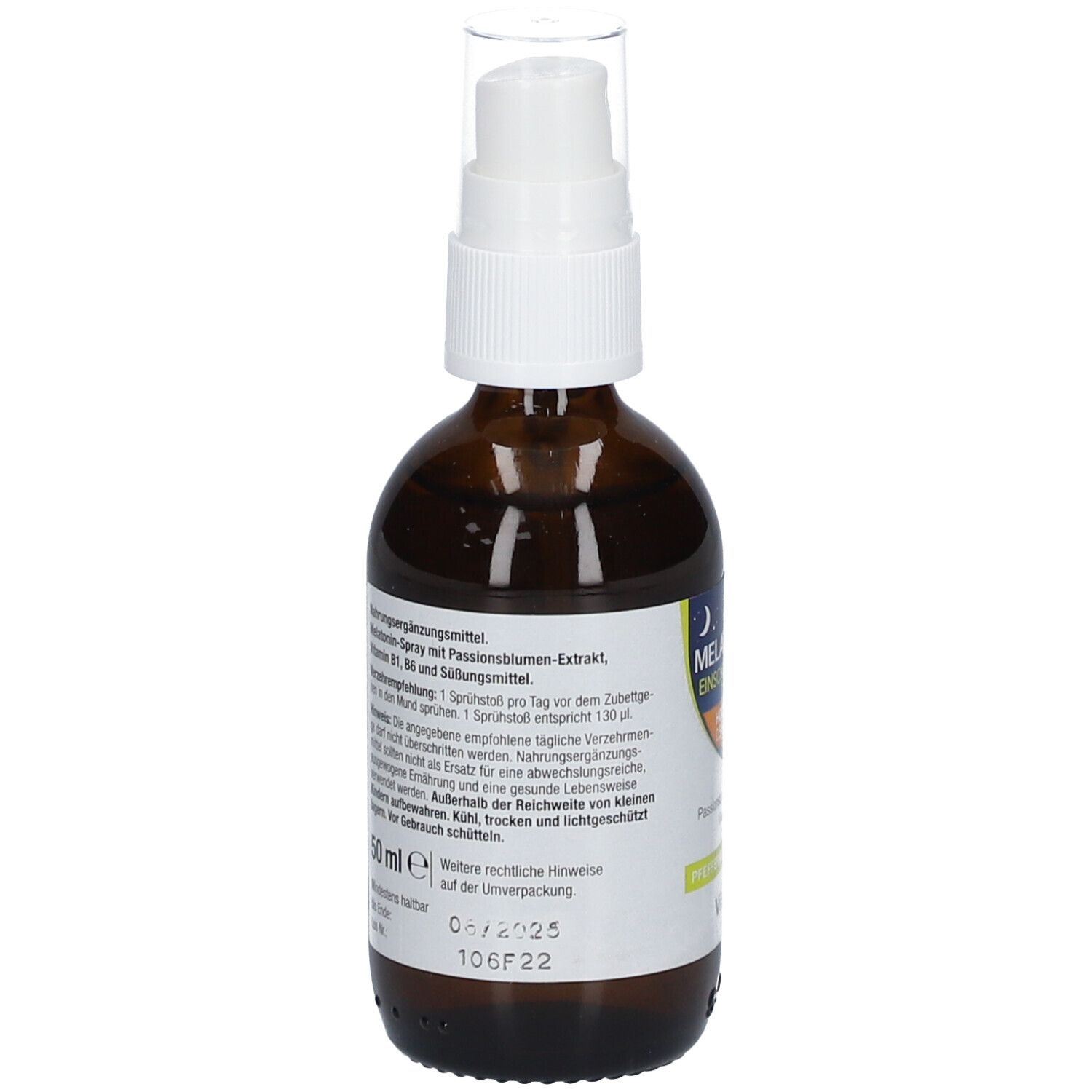 Braune Flasche mit Sprühkopf. Rückseite mit Text. 50 ml.