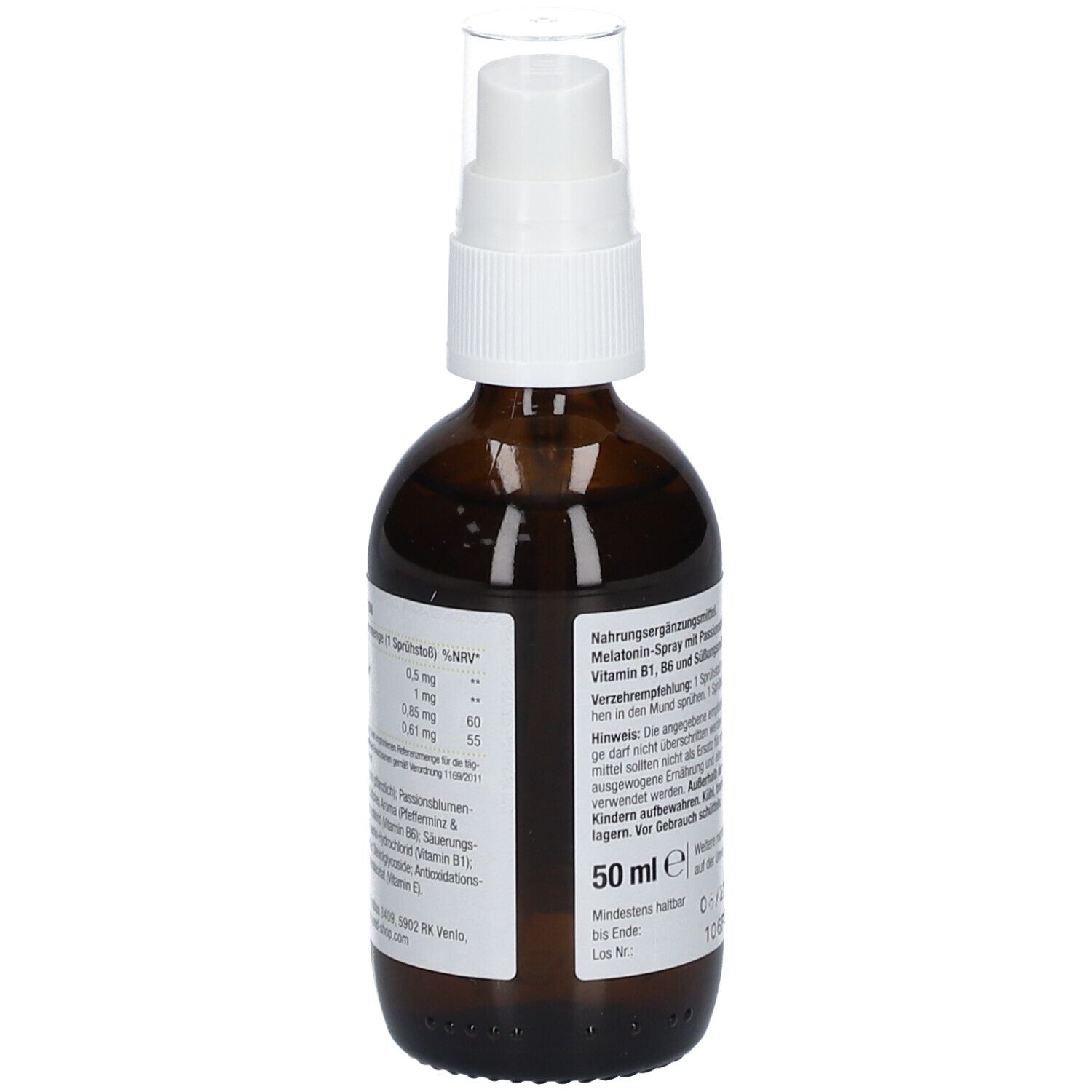 Braune Flasche mit Sprühkopf. Rückseite mit Text. 50 ml.