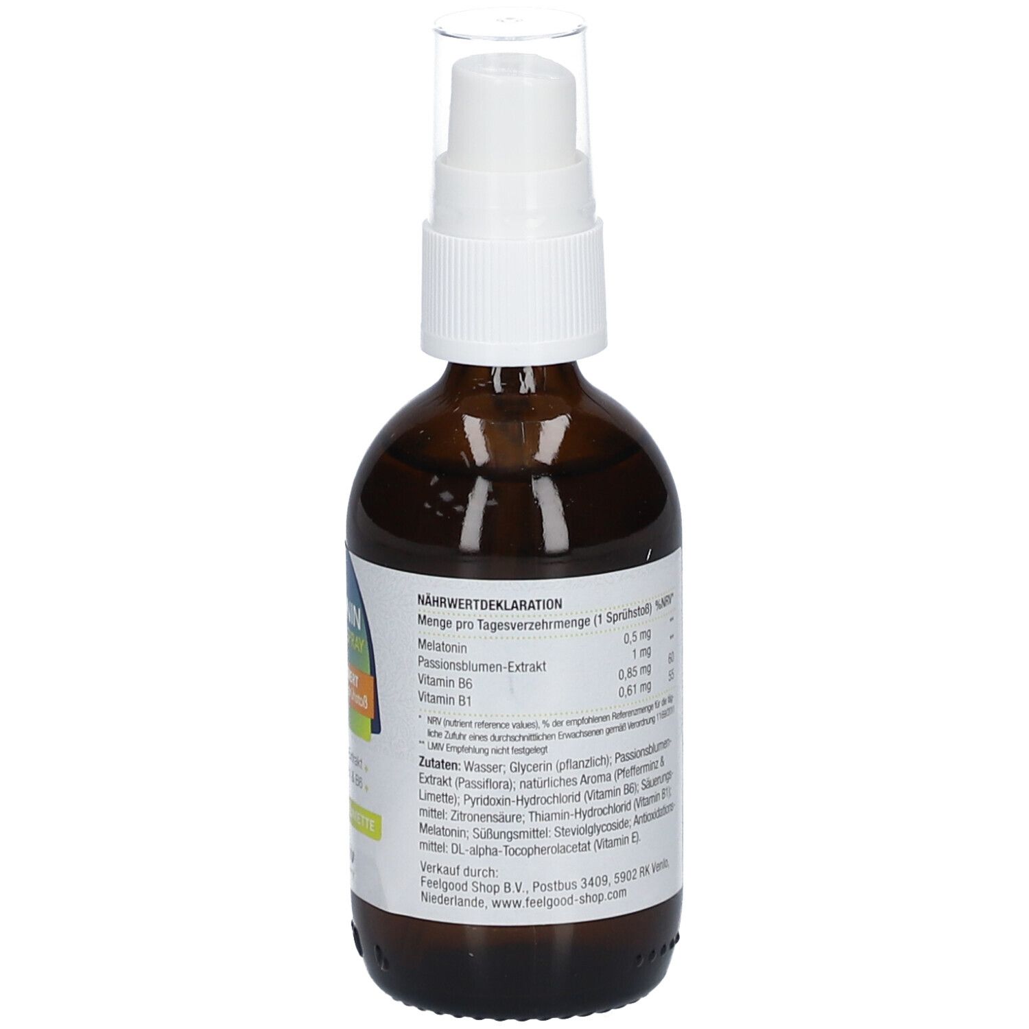 Braune Flasche mit Sprühkopf. Rückseite mit Text. 50 ml.