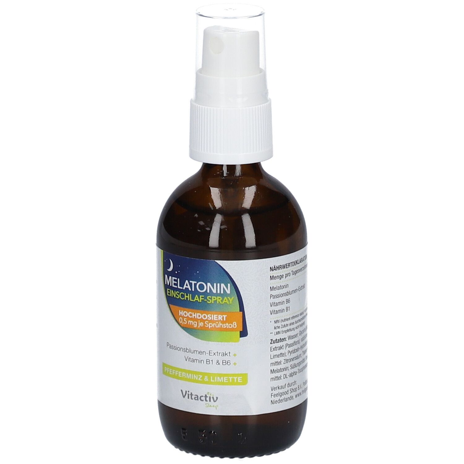 Braune Flasche mit Sprühkopf. Aufschrift: Melatonin Einschlaf-Spray. Pfefferminz & Limette.