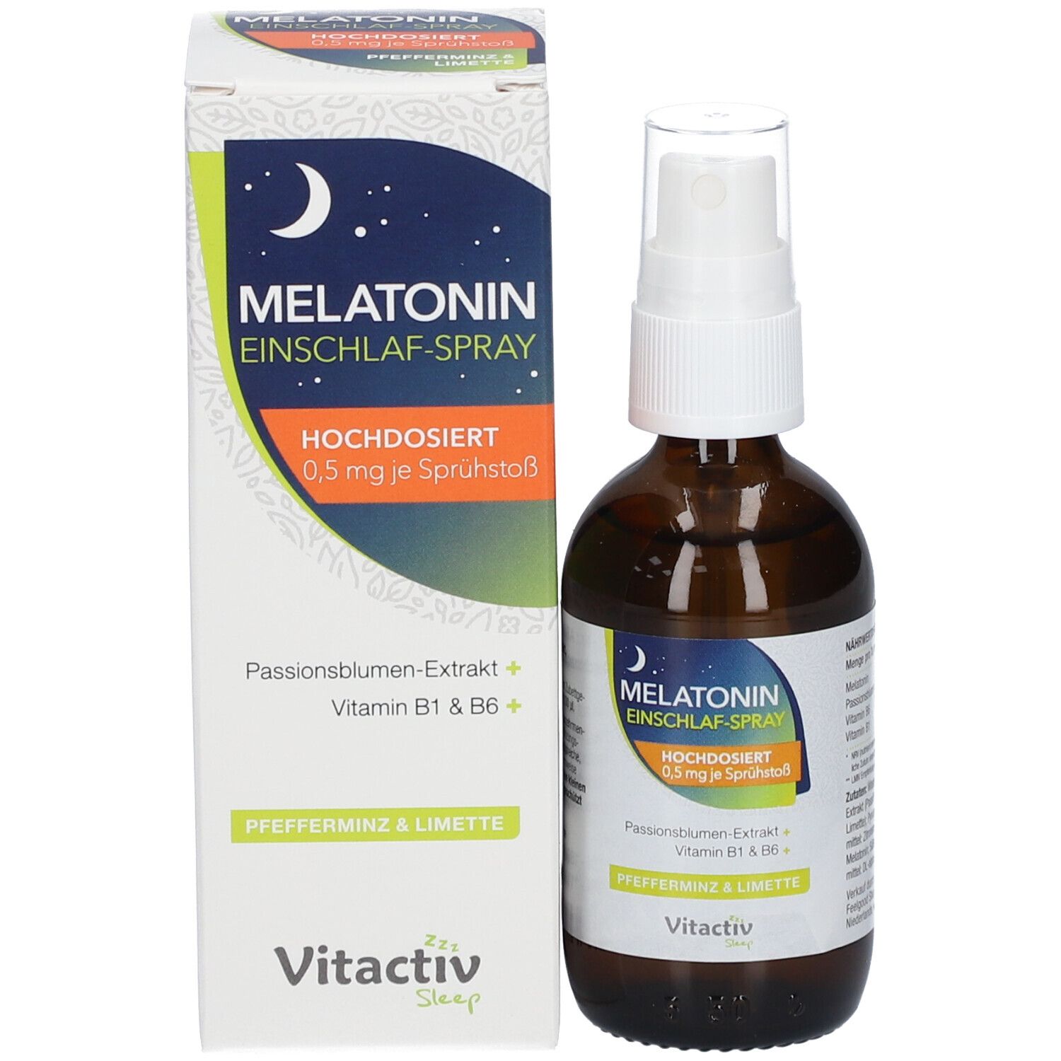 Flasche und Schachtel. Aufschrift: Melatonin Einschlaf-Spray. Pfefferminz & Limette.